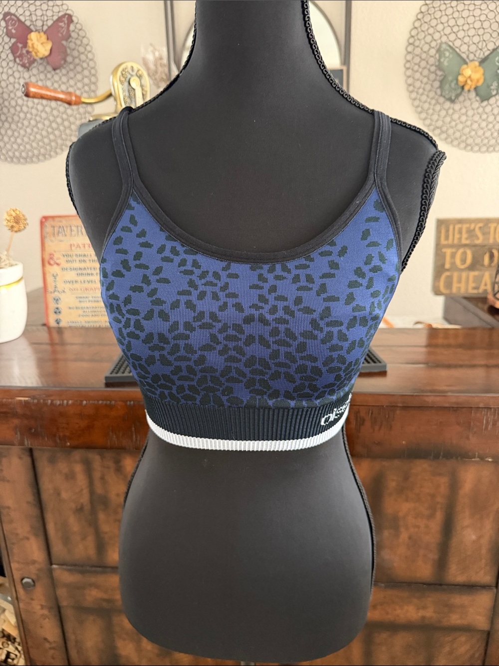 Oiselle Lesko Blue and Black Leopard Seamless Sports Bra